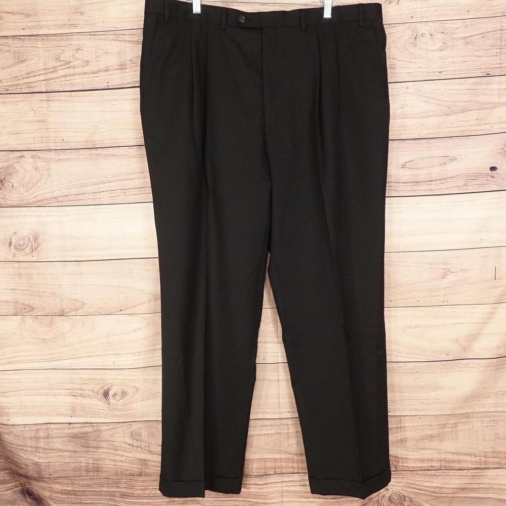 Chaps Dress Pants Mens 42x32 Black Classic Fit Wool Pleated Cuffed Business